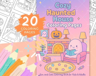 May include: A coloring book titled "Cozy Haunted House Coloring Pages" with 20 pages. The cover features a cute ghost reading by a fireplace, a jack-o'-lantern, and a rug with stars. Colored pencils in shades of purple, orange, and teal are in the foreground.