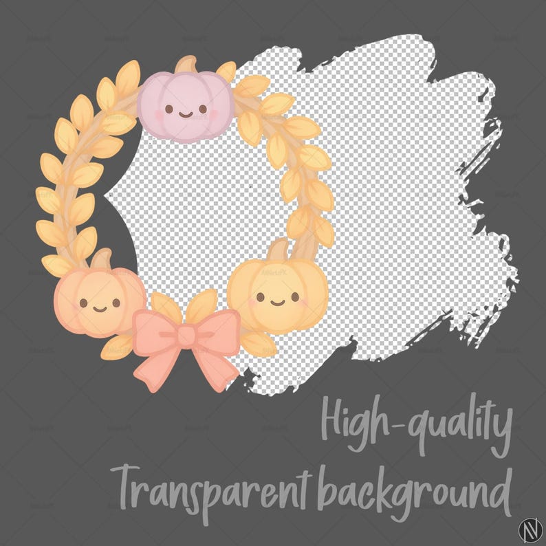 May include: A fall-themed wreath illustration featuring three smiling pumpkins in shades of orange and pink, with a light pink bow at the bottom. The wreath is surrounded by yellow leaves. The text "High-quality Transparent background" is at the bottom.