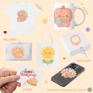 Pastel Thanksgiving clipart with kawaii turkey, pumpkins, pie, and autumn harvest in soft pastel colors for digital projects.
