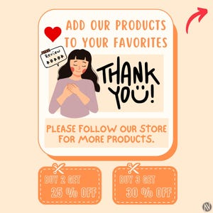 May include: An illustrated graphic with the text "ADD OUR PRODUCTS TO YOUR FAVORITES" and "THANK YOU!". It features a cartoon of a person with hands clasped, a red heart, and discount offers.
