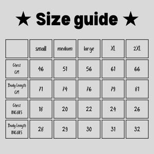 May include: Size guide chart for clothing with measurements in inches and centimeters. The chart shows chest and body length measurements for sizes small, medium, large, XL, and 2XL.