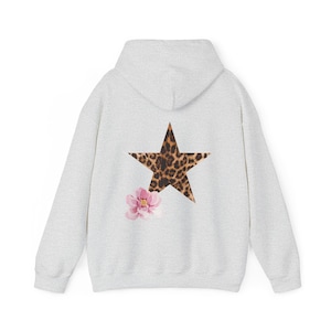 Leopard Star and pink flower Hoodie, Leopard print star Unisex Heavy Blend™ Hooded Sweatshirt.