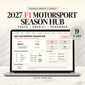 Op de afbeelding: Een digitaal 2027 F1 Motorsport Season Hub spreadsheet op een laptopscherm. De interface bevat negen tabbladen, aftellingen voor races, schema's voor aankomende races en voortgangstrackers voor het seizoen. Tekst: 2027 F1 MOTORSPORT SEASON HUB.