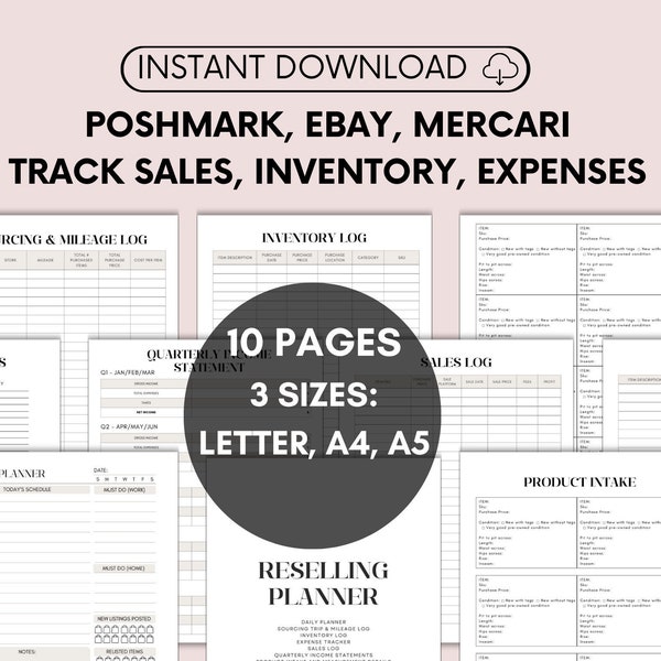 RESELLING Sales, Inventory, Expenses Tracking Intake Measurements Printable Template Poshmark Ebay Mercari Depop WhatNot Letter A4 A5 PDF