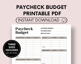 May include: A printable PDF paycheck budget planner with the text "PAYCHECK BUDGET PRINTABLE PDF INSTANT DOWNLOAD." The planner includes sections for fixed and variable expenses, savings, debt, and a summary. Three sizes are included: a4, a5, and letter.