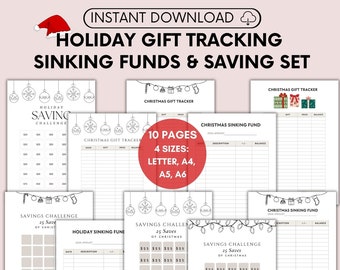 May include: Printable holiday gift tracking and saving set with 10 pages in 4 sizes: letter, A4, A5, and A6. The set includes a Christmas gift tracker, a Christmas sinking fund, and a savings challenge.