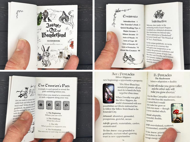 Pode incluir: Um guia aberto, "Journey to Oz and Wonderland", com ilustra&ccedil;&otilde;es e texto. As p&aacute;ginas mostram interpreta&ccedil;&otilde;es de cartas de tar&ocirc; e imagens relacionadas. O livro &eacute; mantido aberto.
