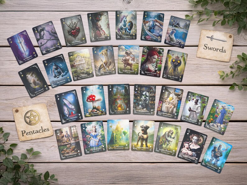 Pode incluir: Uma cole&ccedil;&atilde;o de cartas de tar&ocirc; dispostas sobre uma superf&iacute;cie de madeira. As cartas apresentam v&aacute;rias ilustra&ccedil;&otilde;es e s&iacute;mbolos, com as palavras "Pentacles" e "Swords" em cartas separadas. As cartas t&ecirc;m um esquema de cores escuro com obras de arte detalhadas.