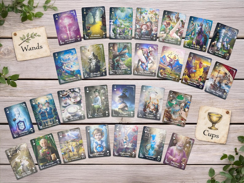 Pode incluir: Um conjunto de cartas de tarot com ilustra&ccedil;&otilde;es de fantasia, dispostas sobre uma superf&iacute;cie de madeira. As cartas exibem v&aacute;rias cenas e personagens, com os naipes de Paus e Copas indicados por cartas separadas. As obras de arte s&atilde;o detalhadas e coloridas.
