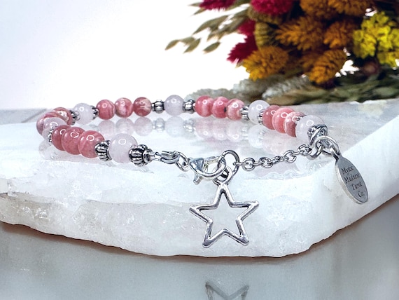 Rhodochrosite Rose Quartz Bracelet – Glinda Star Charm, Adjustable
