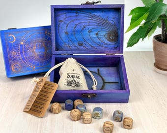 Zodiac Divination Dice Set – Wood Handcrafted, Celestial Oracle Dice for Tarot & Ritual