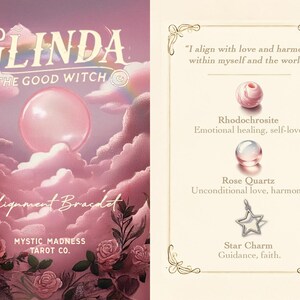 Może przedstawiać: R&oacute;żowa i biała karta tarota z napisem "GLINDA THE GOOD WITCH" i "Alignment Bracelet". Karta przedstawia r&oacute;żowy księżyc i chmury oraz r&oacute;żową r&oacute;żę w prawym dolnym rogu. Karta zawiera r&oacute;wnież tekst "Mystic Madness Tarot Co."