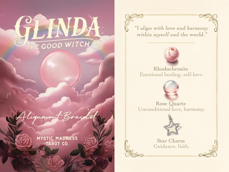 Może przedstawiać: R&oacute;żowa i biała karta tarota z napisem "GLINDA THE GOOD WITCH" i "Alignment Bracelet". Karta przedstawia r&oacute;żowy księżyc i chmury oraz r&oacute;żową r&oacute;żę w prawym dolnym rogu. Karta zawiera r&oacute;wnież tekst "Mystic Madness Tarot Co."