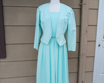 Vintage VTG light blue polyester dress with floral metallic jacket (14/L)