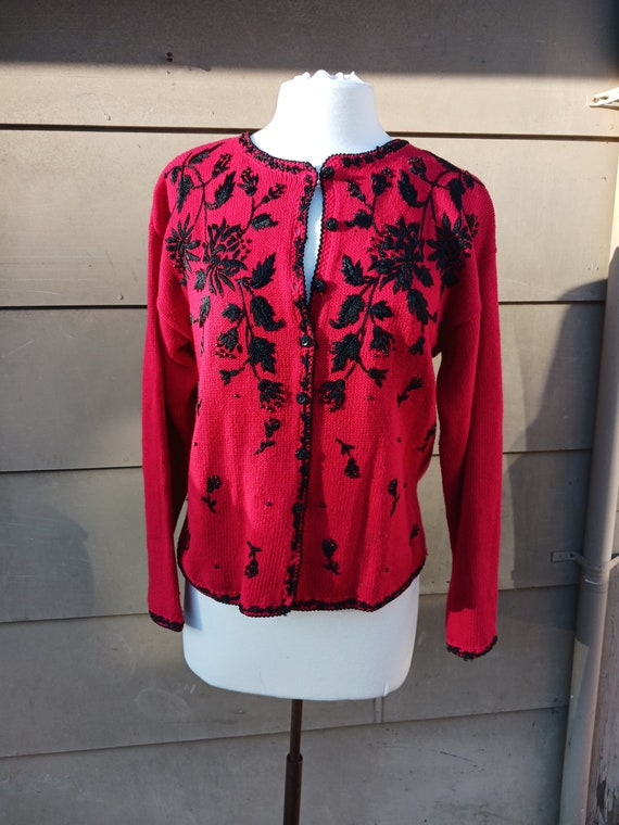 Vintage 90s embroidered cardigan red cardigan (M)