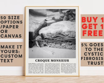 Poster d'art mural imprimé Croque Monsieur, photo décorative en noir et blanc, art mural de cuisine, cadeau pour gourmets, cadeau d'anniversaire personnalisé 7104a2