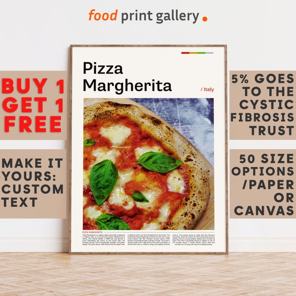 Pizza Margherita Print Wand Kunst Poster, bunte Fotografie Dekor, Küche Wandkunst, Geschenk für Feinschmecker, personalisierte Geburtstagsgeschenk 7174b