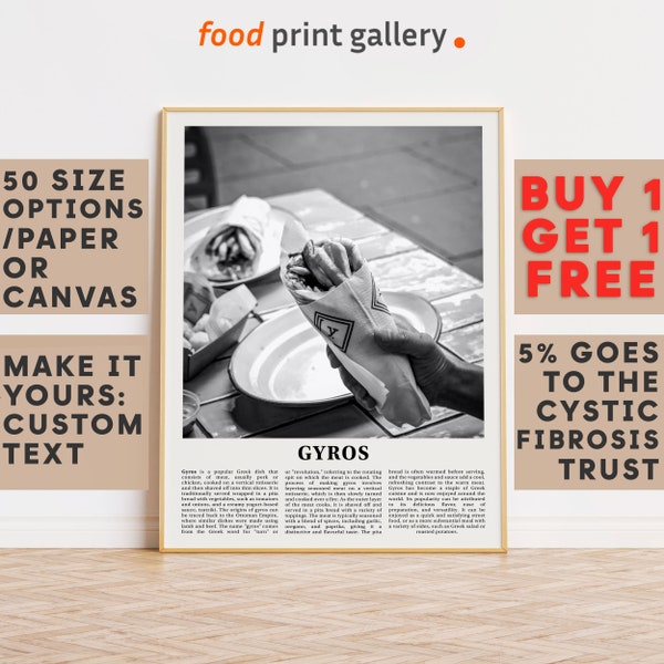 Gyros Druck Wandkunst Poster, Gyros BW Foto Dekor, Küche Wandkunst, Geschenk für Feinschmecker, personalisiertes Geburtstagsgeschenk 7254a