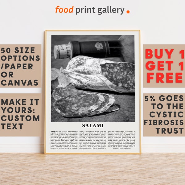 Salami-Druck, Wandkunst-Poster, Salami-BW-Fotografie-Dekor, Küchen-Wandkunst, Geschenk für Feinschmecker, personalisiertes Geburtstagsgeschenk 6947a