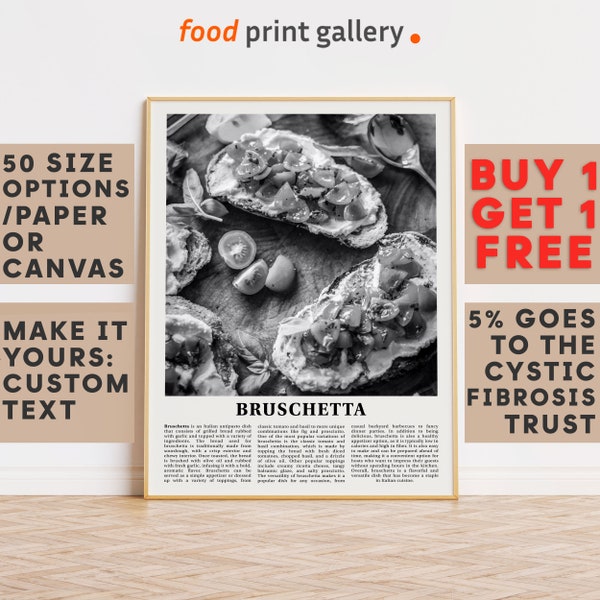 Bruschetta Print Wandkunst Poster, BW Fotografie Dekor, Küche Wandkunst, Geschenk für Foodie, personalisiertes Geburtstagsgeschenk 7174a