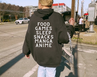 Mat Spel Sömn Snacks Manga Anime Hoddie, streetwear, present till animekärlek, unisex, collegekläder, mysig anime- och mangatröja, present