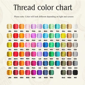 Puede incluir: Una carta de colores de hilo con una variedad de colores de hilo dispuestos en filas y columnas. La carta incluye una gama de colores desde el amarillo hasta el negro, con c&oacute;digos de color. El texto en la parte superior dice "Thread color chart".