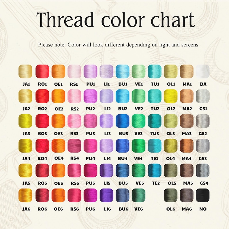Puede incluir: Una carta de colores de hilo con una variedad de colores de hilo dispuestos en filas y columnas. La carta incluye una gama de colores desde el amarillo hasta el negro, con c&oacute;digos de color. El texto en la parte superior dice "Thread color chart".