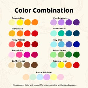 Puede incluir: Un gr&aacute;fico que muestra combinaciones de colores, como "Sunset Glow", "Fiery Blaze" y "Berry Bliss". Cada combinaci&oacute;n se representa con una serie de c&iacute;rculos de colores. El texto "Color Combination" est&aacute; en la parte superior, con un descargo de responsabilidad sobre el color en la parte inferior.