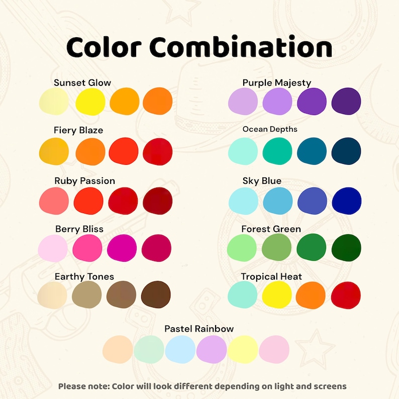 Puede incluir: Un gr&aacute;fico que muestra combinaciones de colores, como "Sunset Glow", "Fiery Blaze" y "Berry Bliss". Cada combinaci&oacute;n se representa con una serie de c&iacute;rculos de colores. El texto "Color Combination" est&aacute; en la parte superior, con un descargo de responsabilidad sobre el color en la parte inferior.
