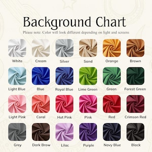 Puede incluir: Una carta de colores con muestras de tela en varios colores, incluyendo blanco, crema, plata, arena, naranja, marr&oacute;n, azul claro, azul, azul real, verde lima, verde, verde bosque, rosa claro, coral, rosa fuerte, rosa, rojo, rojo carmes&iacute;, gris, marr&oacute;n oscuro, lila, morado, azul marino y negro. El texto dice "Background Chart".