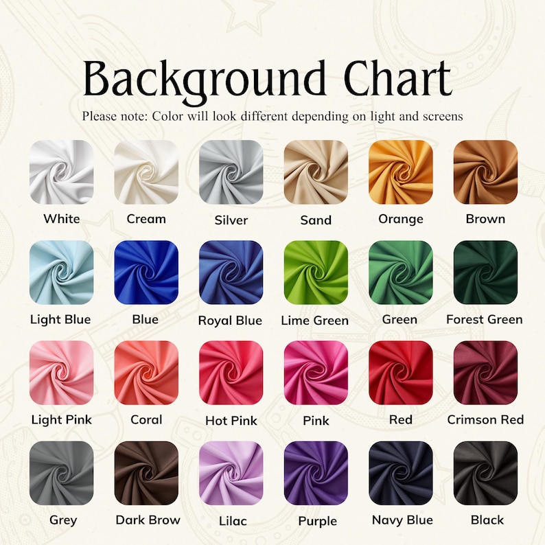 Puede incluir: Una carta de colores con muestras de tela en varios colores, incluyendo blanco, crema, plata, arena, naranja, marr&oacute;n, azul claro, azul, azul real, verde lima, verde, verde bosque, rosa claro, coral, rosa fuerte, rosa, rojo, rojo carmes&iacute;, gris, marr&oacute;n oscuro, lila, morado, azul marino y negro. El texto dice "Background Chart".