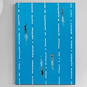 Large Blue Texture Painting,Swimming Pool Gifts, Blue Minimalist ,Swimming Competition Painting,Swimmers Painting Summer Pool Wall Art
