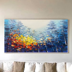 Large Original Oil Painting On Canvas,Blue Sky&Colorful Forest Painting,Living Room Wall Art,Hand-painted Heavy Textured Impasto Painting