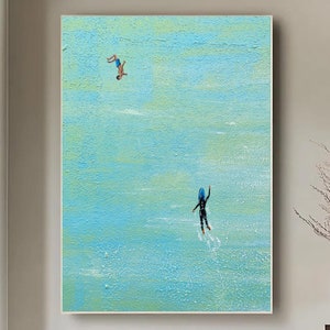 Two boys in the sea Swiming into the sea green ocean painting vintage retro painting green minimalist painting holiday style sea wall art