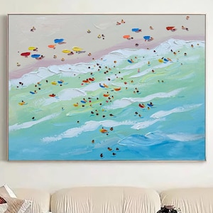 Summer Art Happy Decor Coast Painting Swimming Painting Custom Painting Texture Wall Art Personalized Gift Crowds on the Shore Painting
