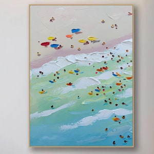 Crowds on the Shore Painting Happy Coast Painting Swimming Painting Custom Painting Texture Wall Art Personalized Gift Summer Art Costal Art