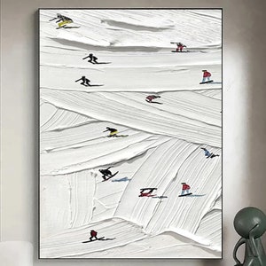 Original Ski Sport Painting on Canvas Custom Painting Texture Wall Art Plaster Style Textured Wall Winter Ski Race Snow Skiers Painting Gift