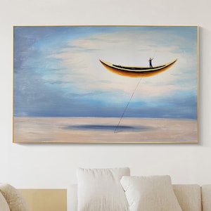 Pintura al óleo de arte del cielo, obra de arte de pintura al óleo abstracta, una pintura abstracta de una pintura de barco de canoa flotante, arte de decoración de pared arte de lienzo grande