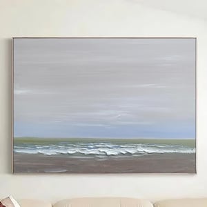 Large Ocean Sunset Painting Framed Grey Beach painting Ocean Palette Knife Wall Art Framed Sea Landscape Painting Modern Coastal Canvas Art