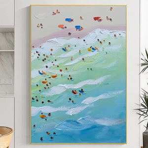 Summer Art Happy  Coast Painting Swimming Decor Painting Custom Painting Texture Wall Art Personalized Gift Crowds on the Shore Painting