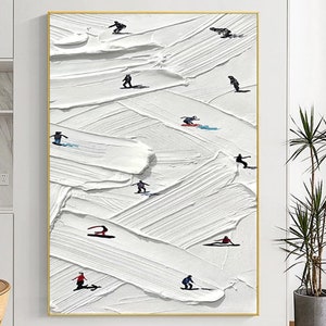 Original Ski Sport Painting on Canvas Custom Painting Texture Wall Art Personalized Gift Skier on Snowy Mountain Art White Snow Skiing Art