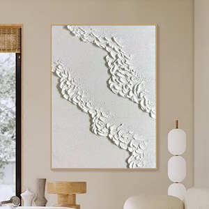 White 3D Minimalist Beach Painting Textured Wall Art Ocean Wave Painting on Canvas Wabi-Sabi Wall Art Living Room Painting Fashion Decor