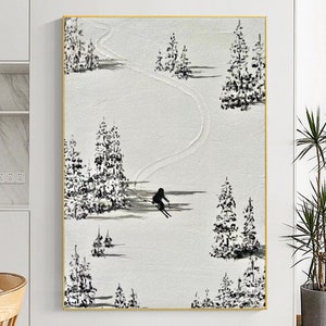 Tela da sci innevata bianca 3D dipinta a mano, regalo originale per sciatore, decorazione invernale personalizzata, pittura con coltello strutturato, arte sciistica, pino bianco