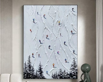 Art mural original encadré 3D sport en plâtre style art mural texturé cadeau personnalisé pour skieurs snowboard blanc peinture skieur