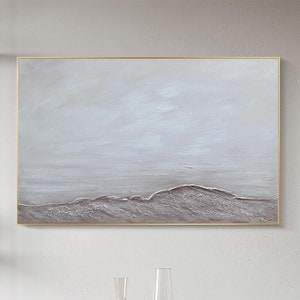 3D Beige Minimalist Beach Painting Textured Wall Art Ocean Wave Painting on Canvas Wabi-Sabi Wall Art Living Room Painting Fashion Decor