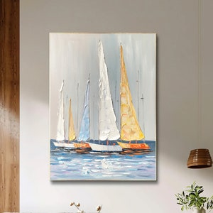 Large Sailboat Party Oil Painting On Canvas Colorful Sailboats & Harbor Painting Nautical Landscape Painting Bed Room Painting Summer Decor