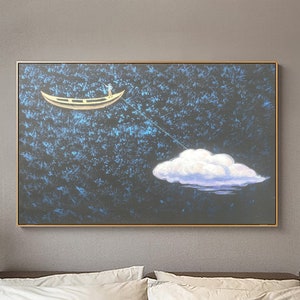 Weiße Wolke Wandkunst,Blaue Wandkunst,Abstrakte Kunst Malerei,Minimalistische Wandkunst,Nachthimmel Malerei,Indigo Art