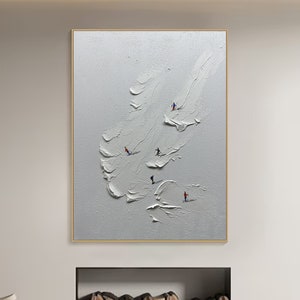 Original Ski Sport Painting on Canvas Custom Painting Texture Wall Art Personalized Gift Skier on Snowy Mountain Art White Snow Skiing Art