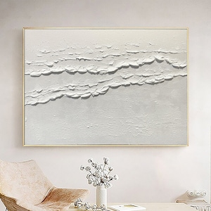 3D White Minimalist Beach Painting Textured Wall Art Ocean Wave Painting on Canvas Wabi-Sabi Wall Art Living Room Painting Fashion Decor