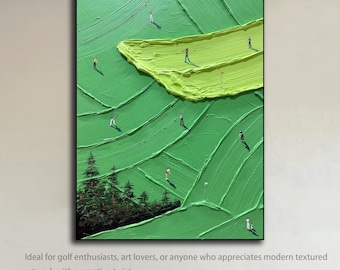 Textured Green Landscape Painting, Miniature FiguresArt, Abstract golf Wall Decor, Modern Minimalist Canvas